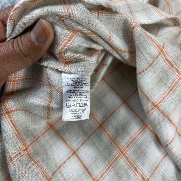 Loft Womens Plaid Smocked Neck Blouse Orange Grey Long Sleeve Top Large - Picture 3 of 9